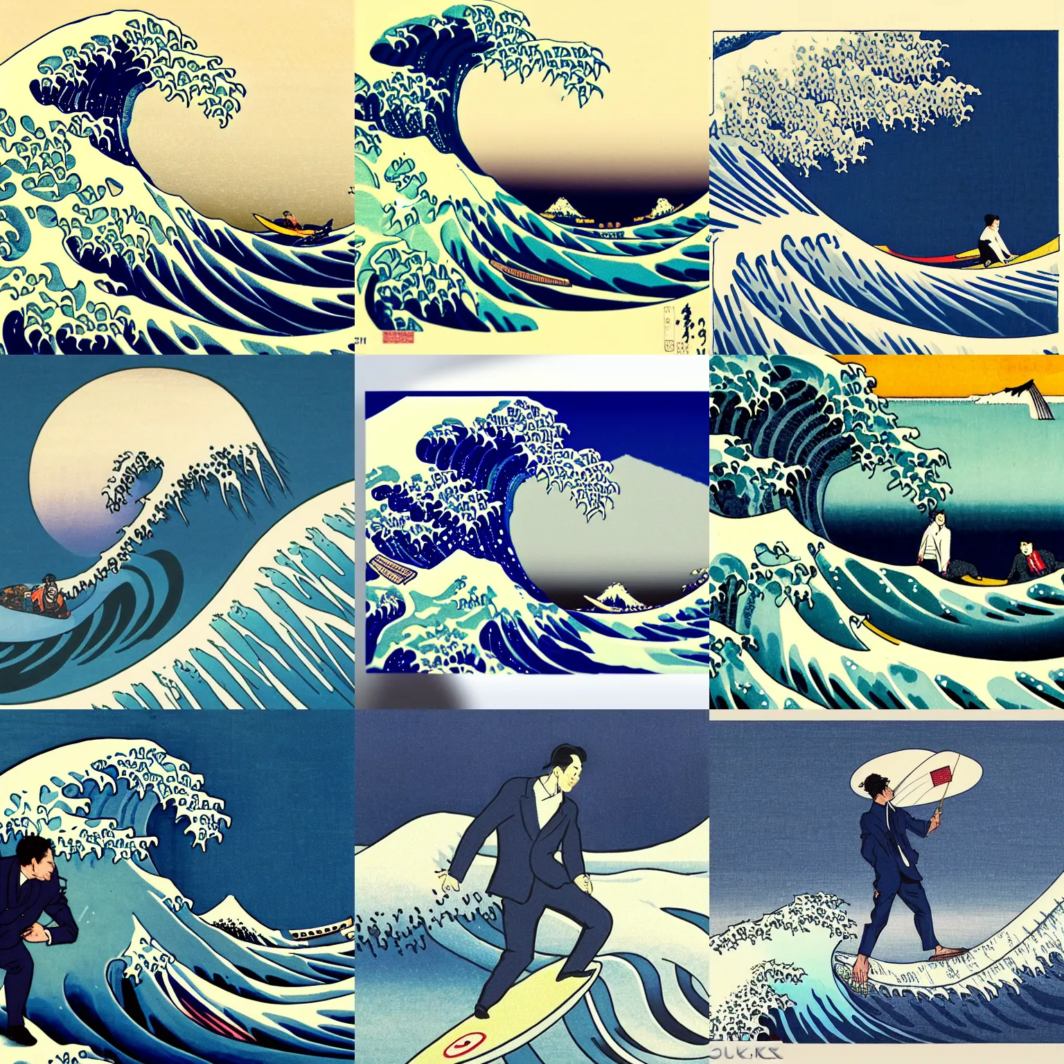 Prompt: a customer success manager!!!!!!!! in business suit!!!!!! surfing the great wave by hokusai, the manager is wearing a business suit and standing on a surfboard, detailed, professional, imax, trending on artstation