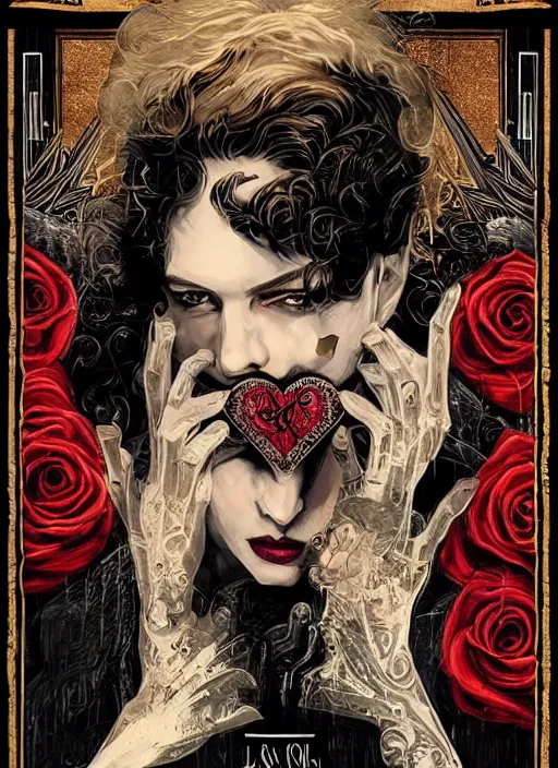 Prompt: tarot card :: horror :: vampires and draculas :: like the great gatsby :: hearts and roses :: gold and silver :: guns and swords :: side profile :: highly details :: intricate details :: Sandra Chevrier and bastien lecouffe deharme