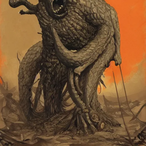 Image similar to by joao ruas jaunty carrot orange. a sculpture of a large, looming creature with a long, snake body. many large, sharp teeth, & eyes glow. wrapped around a large tree, bent under the weight. small figure in foreground, a sword, dwarfed by the size of the creature.