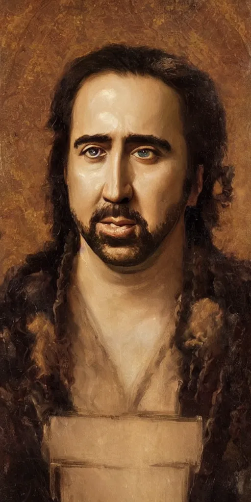 Image similar to Romantic-period style portrait of Nicholas Cage playing Alexander the Great, trending on artstation, oil painting masterpiece, symmetry, fractals, Greek iconography