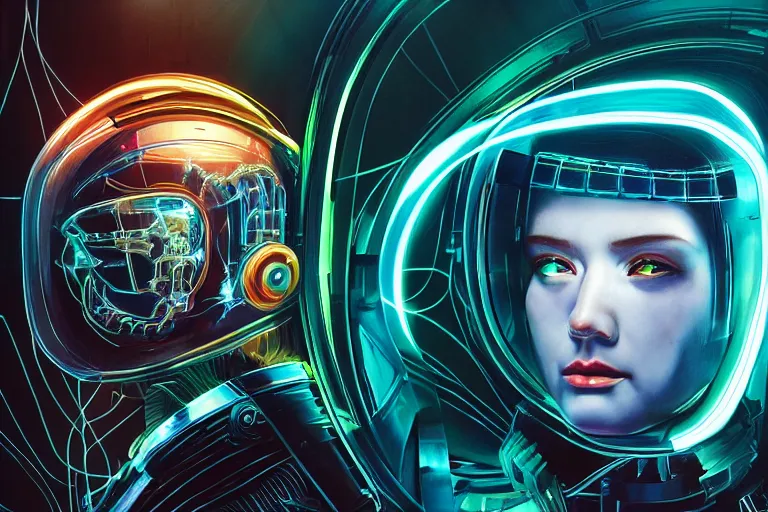 Image similar to portrait of a biomechanical head inside a futuristic space helmet, organic transistors, neon cables, tron highlights, white metal, iridescent visor, smooth, sharp focus, high detail, art by Artgerm and Raymond Liam Wong,
