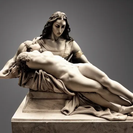 Image similar to bust sculpture of Gal Gadot as pieta, by Michelangelo, photorealism
