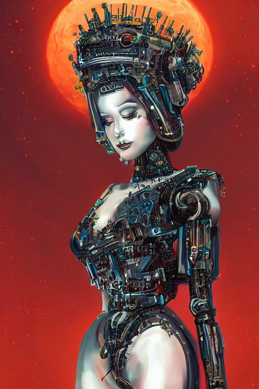 Image similar to laying beautiful painting of a crowned robotic cyberpunk princess in a gothic dark flowing gown laying intricate elegant highly detailed digital art, artstation