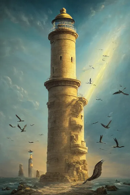 Prompt: Detailed Exterior Shot of The Stunning Ancient Lighthouse of Alexandria, light of god, light shafts, flock of birds, stunning atmosphere, in Style of Peter Mohrbacher, cinematic lighting