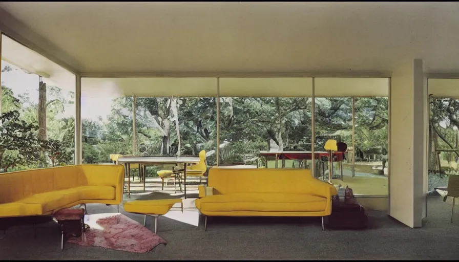 Prompt: architecture ad for a mid-century modern house designed by Charles Eames. Film grain, cinematic, colorized, yellow hue.