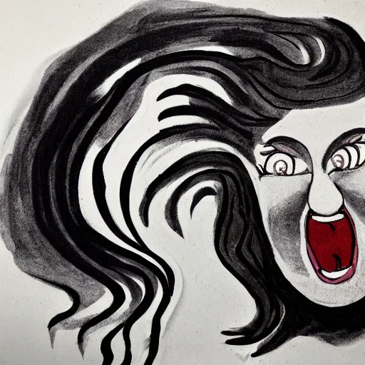 Prompt: portrait of crazy eyed model screaming black ink on paper