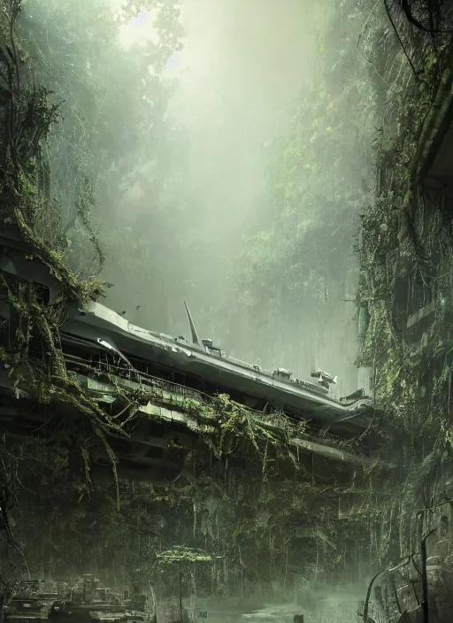 Prompt: decayed aircraft carrier Nimitz laying on the ground of a tropical forest overgrown with vegetation and hanging vines, post appocalyptic, by Luis Royo, by Greg Rutkowski, dark, gritty, intricate, cover illustration, concept art, volumetric lighting, volumetric atmosphere, sharp focus, octane render, trending on artstation, 8k