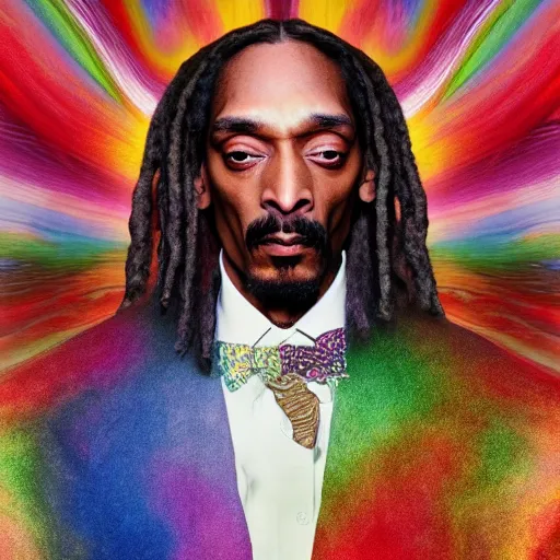 Image similar to colour masterpiece surreal closeup portrait photography snoop dogg by miho hirano and annie leibovitz and michael cheval, psychedelic smoke background, 8 k