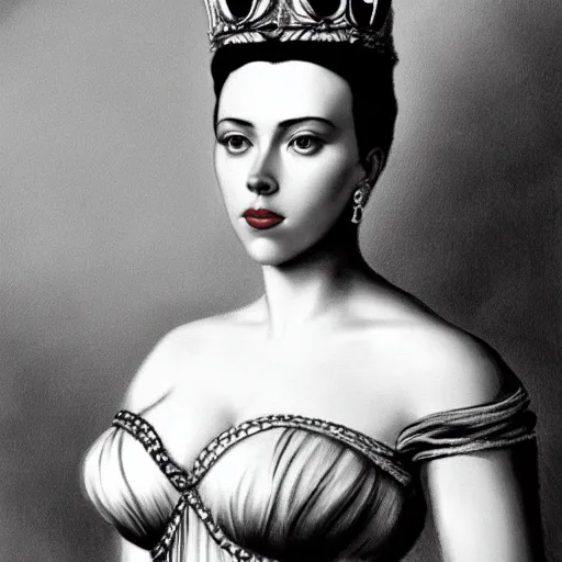 Image similar to frank frazetta portrait of scarlett johansson as queen victoria, full body, 8 k, realistic, photo real, smooth, sharp, intricate detail, hyper detail, dramatic lighting, dramatic shading