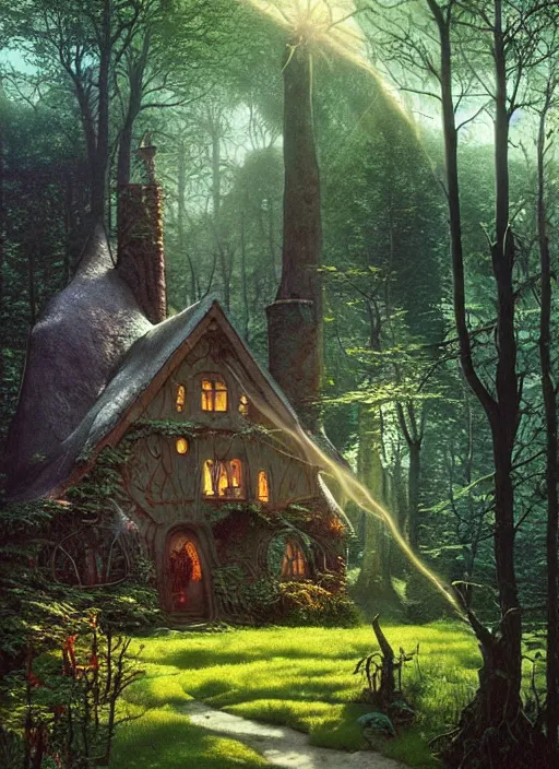 Prompt: hyper realistic witch cottage with happy lighting and technology in the woods gorgeous lighting, sunbeams blue sky, highly detailed photoreal, lush forest foliage painting by zdzisław beksinski and norman rockwell and greg rutkowski weta studio, and lucasfilm