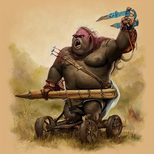 Image similar to painting of fat orc riding in a slapdash wooden cart holding a lance, fantasy art, magic : the gathering art, by diterlizzi