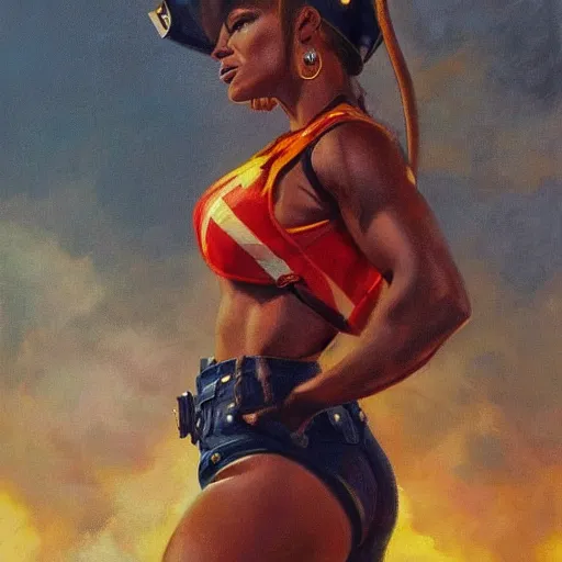 Prompt: ultra realistic portrait painting of beyonce as a firefighter, art by frank frazetta, 4 k, ultra realistic, highly detailed, epic lighting.