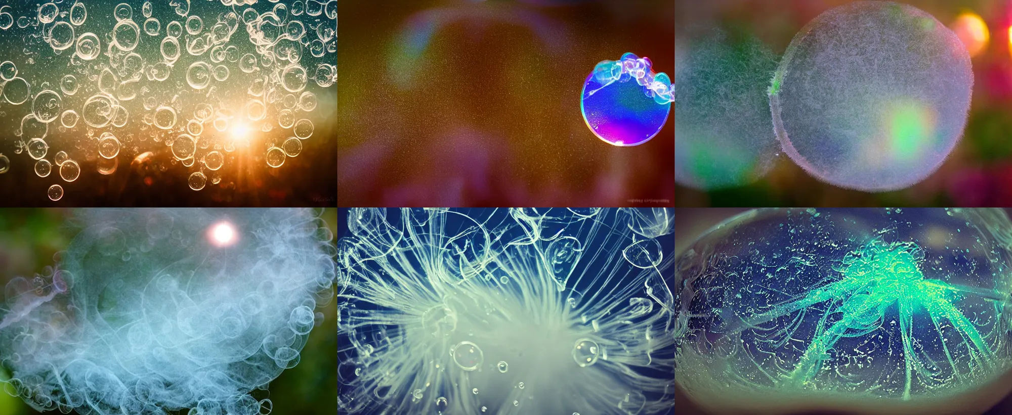 Prompt: soap bubble film, wispy smoke plumes with god rays, sundew macro photography, city lights bokeh photography, ceramic seaglass