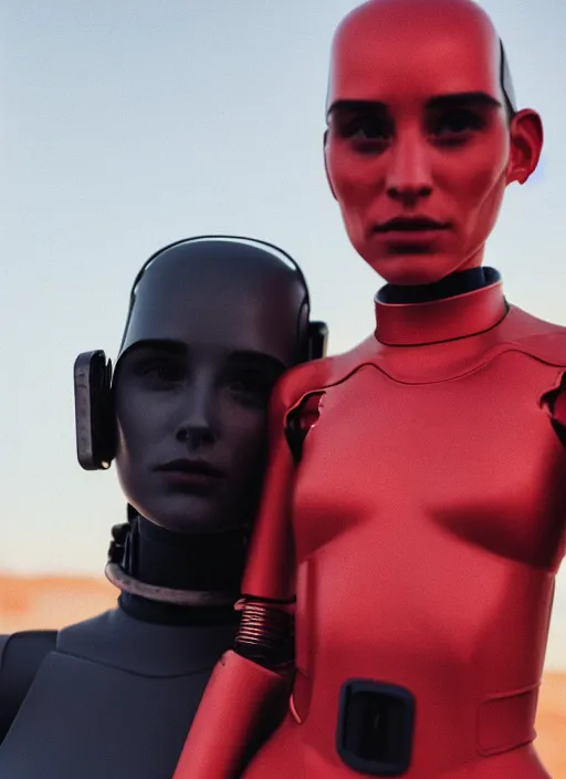 Image similar to cinestill 5 0 d photographic portrait of two loving female androids wearing rugged black techwear on a desolate plain with a red sky, extreme closeup, cyberpunk style, garters, body suits, dust storm, 8 k, hd, high resolution, 3 5 mm, f / 3 2, ultra realistic faces, ex machina