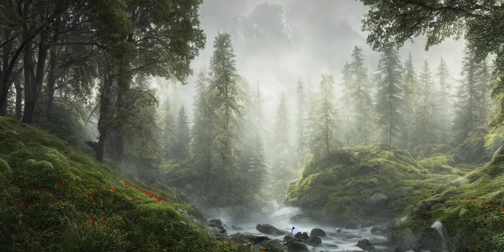 Prompt: A hyperrealistic concept art of a very beautiful kashmir valley, lots of red cedar trees, stunning massive ornately 3d render inspired art by Renato muccillo and Andreas Rocha and Johanna Rupprecht + symmetry + natural volumetric lighting, 8k octane beautifully detailed render, post-processing, highly detailed, intricate complexity, epic composition, magical atmosphere, cinematic lighting + masterpiece, trending on artstation