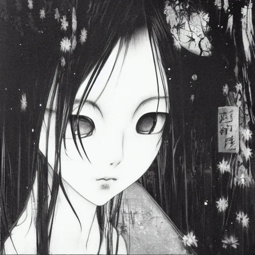 Image similar to a portrait of a character in a scenic environment by Yoshitaka Amano, black and white, dreamy, dark eyes