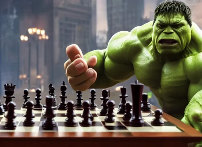 KREA - film still of hulk playing chess in the new avengers movie, 4 k