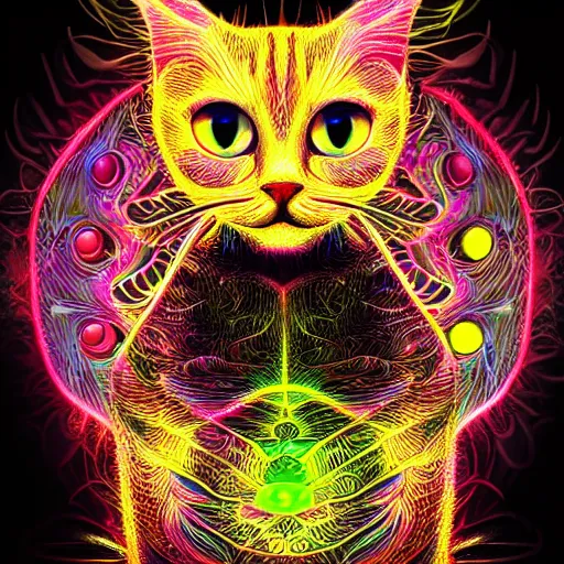 Prompt: concept character colorful fractal cute cat glowing luminescent detailed filigree on black background detailed