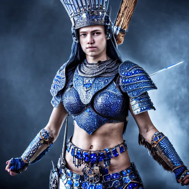 Prompt: full length photo of a beautiful warrior queen wearing sapphire encrusted armour, highly detailed, 8 k, hdr, smooth, sharp focus, high resolution, award - winning photo