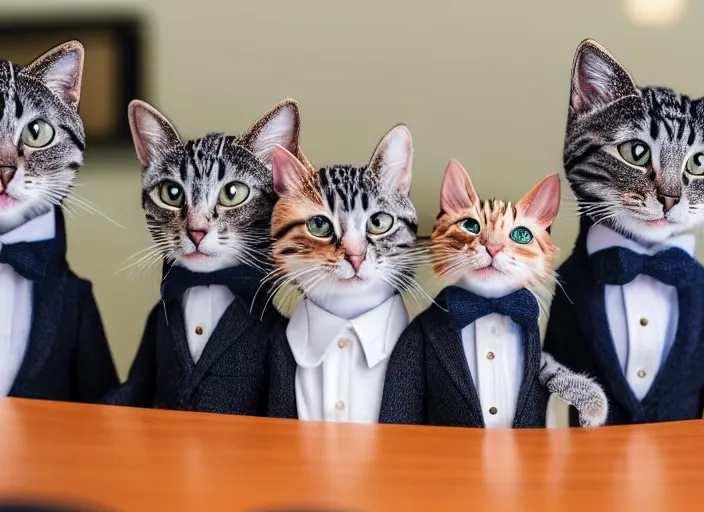 Image similar to photo of a management board meeting of well dressed cats. Highly detailed 8k. Intricate. Sony a7r iv 55mm. Stock photo.