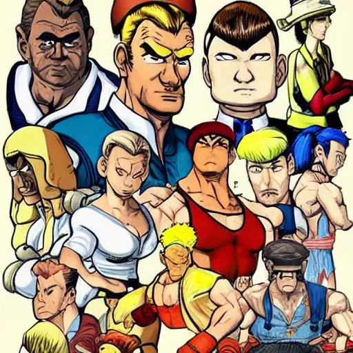 Image similar to all the street fighter characters in the style of tintin, comic