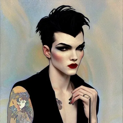 Image similar to beautiful portrait of androgynous ruby rose as desire from sandman in a white tuxedo!!!, rockabilly style,, by alphonse mucha, by jeremy mann, by peter lindbergh, dave mckean, by frank moth, white suit and black tie, soft lightning, high detailed, 8 k