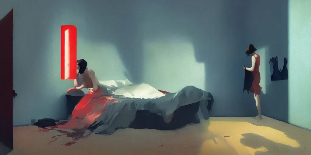 Prompt: lovers beds melting, drips of paint over screens, a lonely lamp dropping shadows, style of James Jean, Ruan Jia, Edward Hopper and surrealism of Francis Bacon and eerie vibrating colors of Mark Rothko, trending on artstation, Greg Rutkowski, dark atmosphere, highly detailed