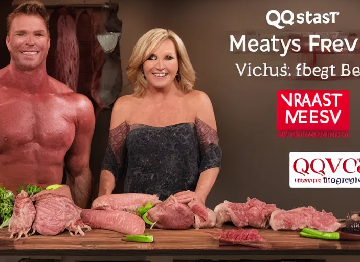 Prompt: qvc tv show product showcase nasty meat men beast raw flesh, studio lighting, limited time offer, graphics $ 9 9 call now