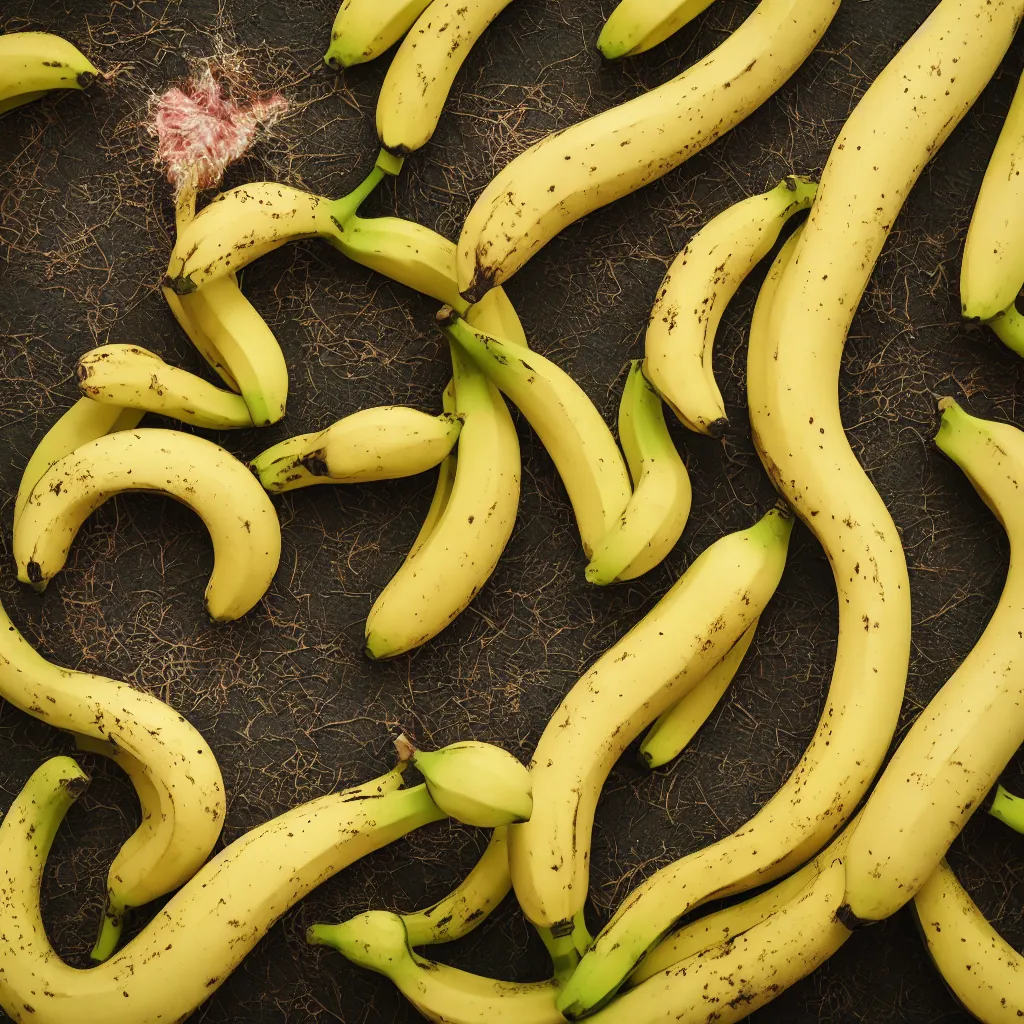 Image similar to bananas that grow like fractal coral and smoke, cracked, fine foliage, inside art nouveau with petal shape, big banana peals, and stems, mesh roots. closeup, hyper real, food photography, high quality