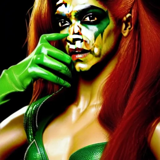 Image similar to A beautiful portrait of Deepika Padukone as Poison Ivy from Batman as a Versace fashion model Spring/Summer 2010, highly detailed, in the style of cinematic, Getty images, Milan fashion week backstage, Makeup by Pat McGrath, Hair by Guido Palau,Greg rutkowski