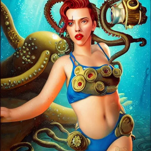 Image similar to lofi underwater bioshock portrait of scarlett johansson in swimsuit with giant octopus, Pixar style, by Tristan Eaton Stanley Artgerm and Tom Bagshaw.