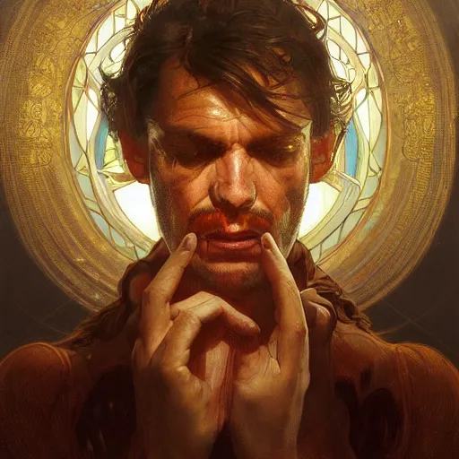 Image similar to selfportrait of a madman looking at his soul in the mirror, portrait, intricate, detailed, volumetric lighting, scenery, digital painting, highly detailed, artstation, sharp focus, illustration, artstation, art by artgerm and greg rutkowski and alphonse mucha