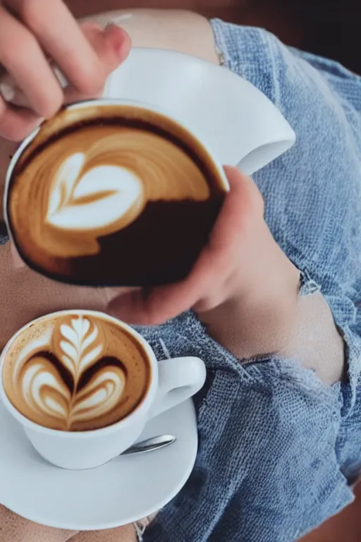 Prompt: a young woman diving into a cup of coffee