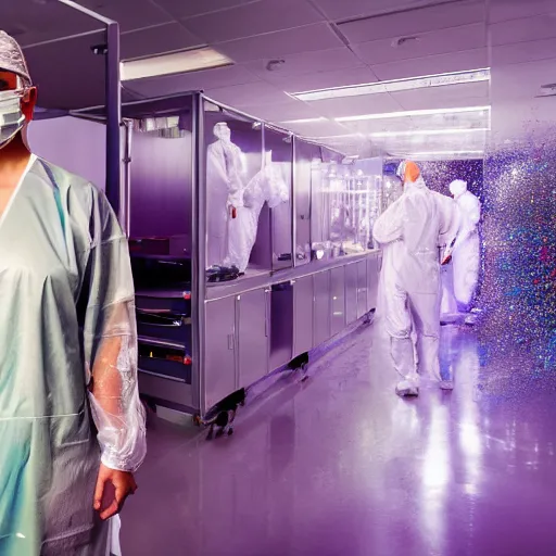 Prompt: A high resolution photograph of a surgeon standing in an operating room, surrounded by new technology and glitter, infused with lightning, very aesthetic, surgical gown and scrubs on, full length, exquisite detail, post-processing, masterpiece, cinematic, 8k, magazine cover