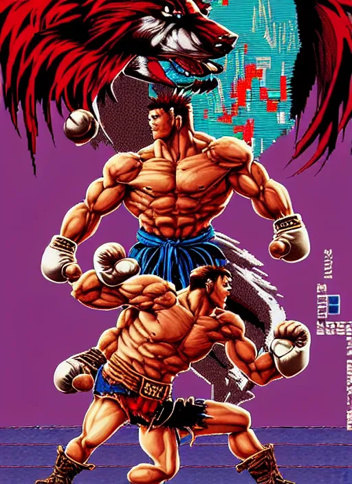 Image similar to extreme long shot. 8 bit nes graphics. antropomorphic muscular masculine wolf. kickboxer fighter, in shorts. wolf head. streetfighter. fine details, very sharp, art from nes game cartridge, 8 0's, vhs artefacts, vaporwave style, marc simonetti and hermann nitsch