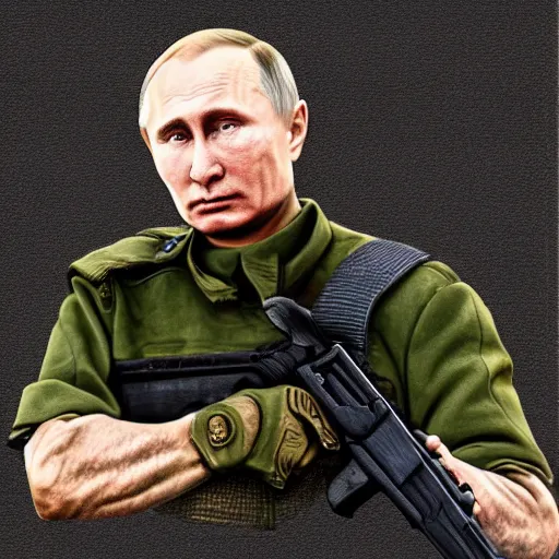 Image similar to putin with firearms, fighting in trenches somewhere in ukraine, highly detailed digital painting