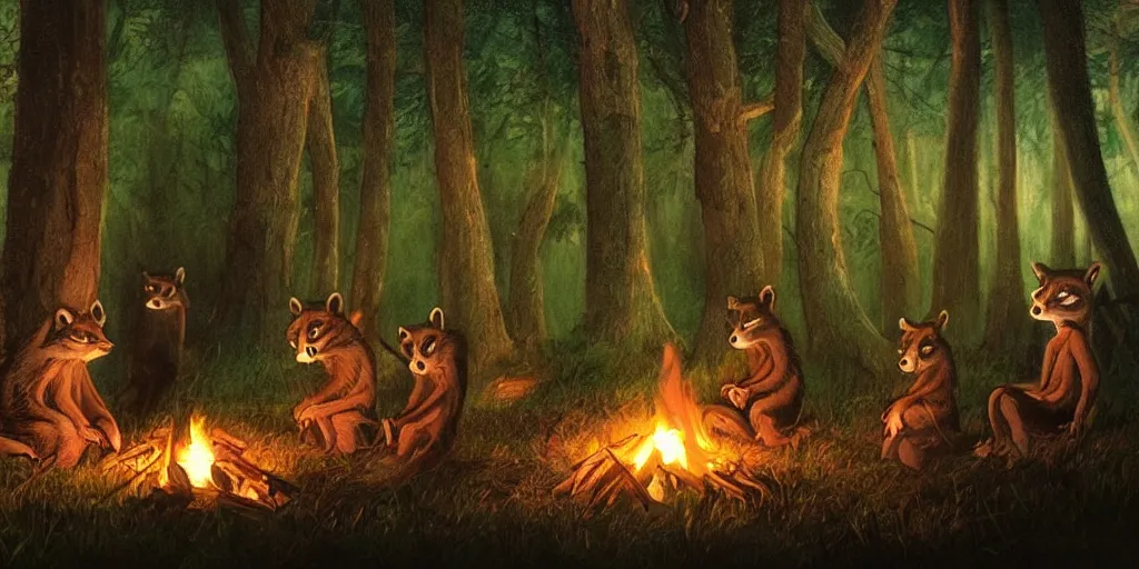 Image similar to A majestic night in the forest. A small group of racoons is sitting next to a campfire. Cinematic, very beautiful, painting in the style of Lord of the rings