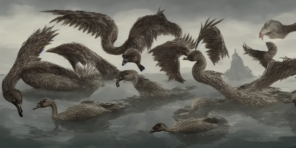 Image similar to hydra with angry geese as its heads, artstation