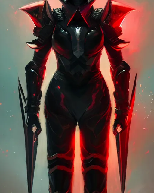 Prompt: concept art of a badass futurstic warrior with red glowing eyes and a big mouth with fangs, wearing sleek black futuristic armor | | epic - fine - fine details by stanley artgerm lau, wlop, rossdraws, and sakimichan, trending on artstation, brush strokes