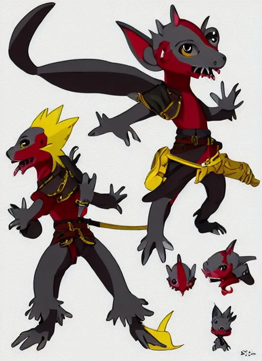 Image similar to anime grey and red kobold swashbuckler with yellow eyes and small wings, full body, anime style, anime