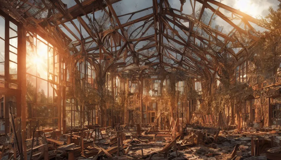 Image similar to wooden craft garden built in destroyed museum in washington dc, sunrise light through windows, hyperdetailed, artstation, cgsociety, 8 k