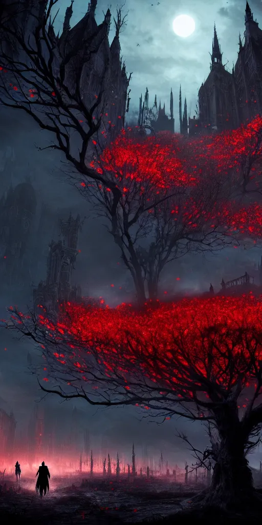 Image similar to abandoned bloodborne old valley with a obscure person at the centre and a ruined gothic city in the background, trees and stars in the background, falling red petals, epic red - orange moonlight, perfect lightning, wallpaper illustration by niko delort and kentaro miura, 4 k | 8 k, ultra realistic