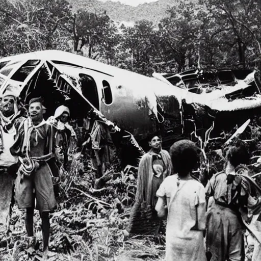 Image similar to a vintage photograph of a tribe living in a crashed airplane in a dense jungle