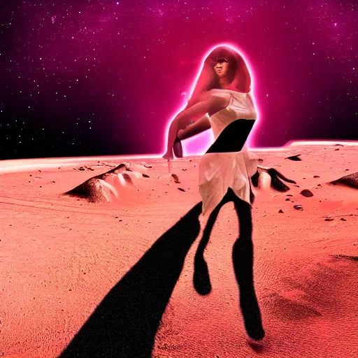 Image similar to A wide angle shot from below of a feminine body walking with swagger towards camera on mars in an infinite universe , synthwave digital art