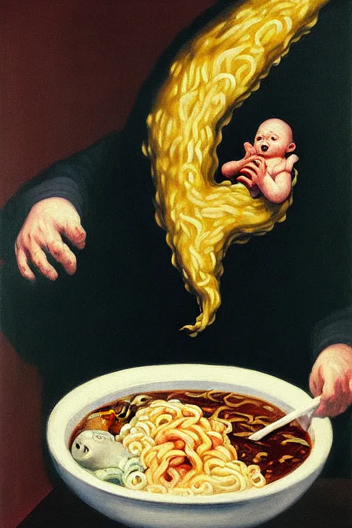 Image similar to evil human giant baby godzilla eating a huge bowl of ramen in new york city, hauntingly surreal, highly detailed painting by francis bacon, edward hopper, adrian ghenie, gerhard richter, and james jean soft light 4 k,