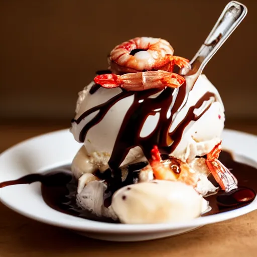 Prompt: dslr food photograph of an ice cream sundae with chocolate sauce and shrimps on top, 8 5 mm f 1. 4