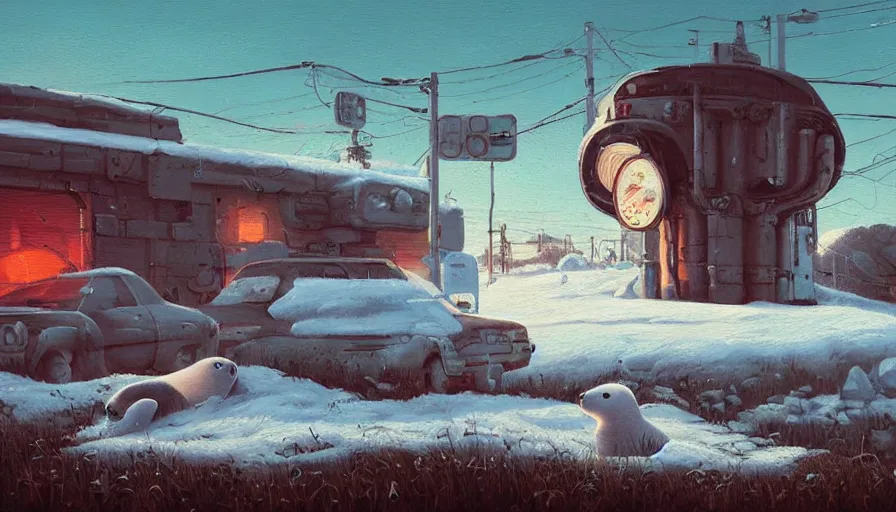 Image similar to an intricate oil painting of a giant cute white furry baby seal with by simon stalenhag