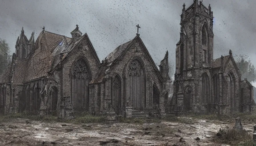 Prompt: abandoned old medieval damaged church at rainy morning, grey sky, muddy road, cemetery, hyperdetailed, artstation, cgsociety, 8 k