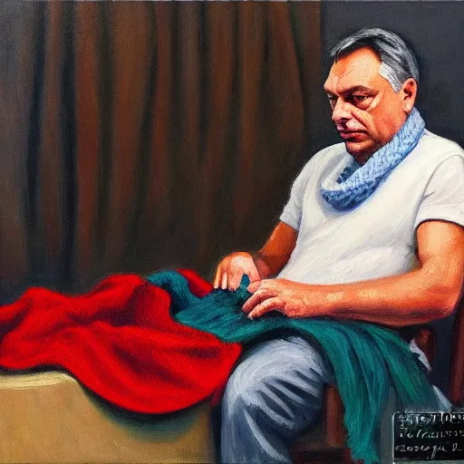 Image similar to viktor orban knitting a scarf, oil painting