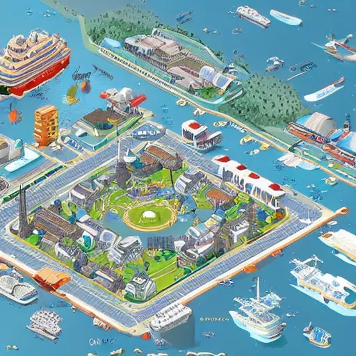 Prompt: a detailed map of a technologically advanced city in an island surrounded by water with a few futuristic ships stationed around it. isometric, fantastic planet